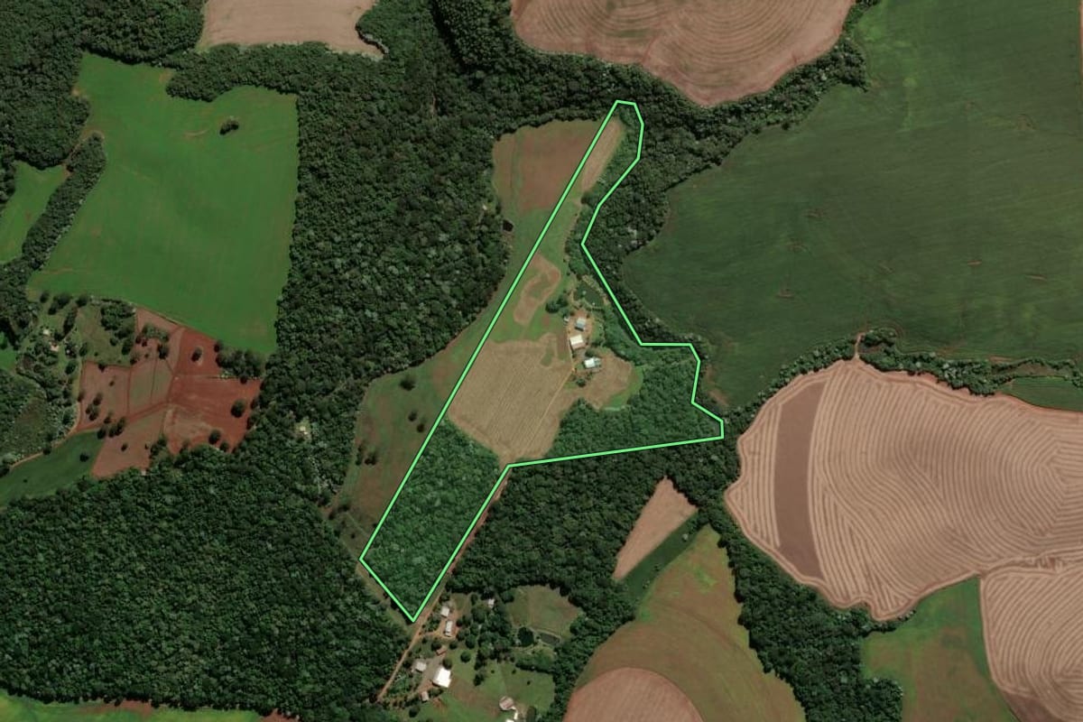 Imagem de satélite do imóvel rural em Renascença (PR), com o contorno declarado no CAR desenhado por cima.
