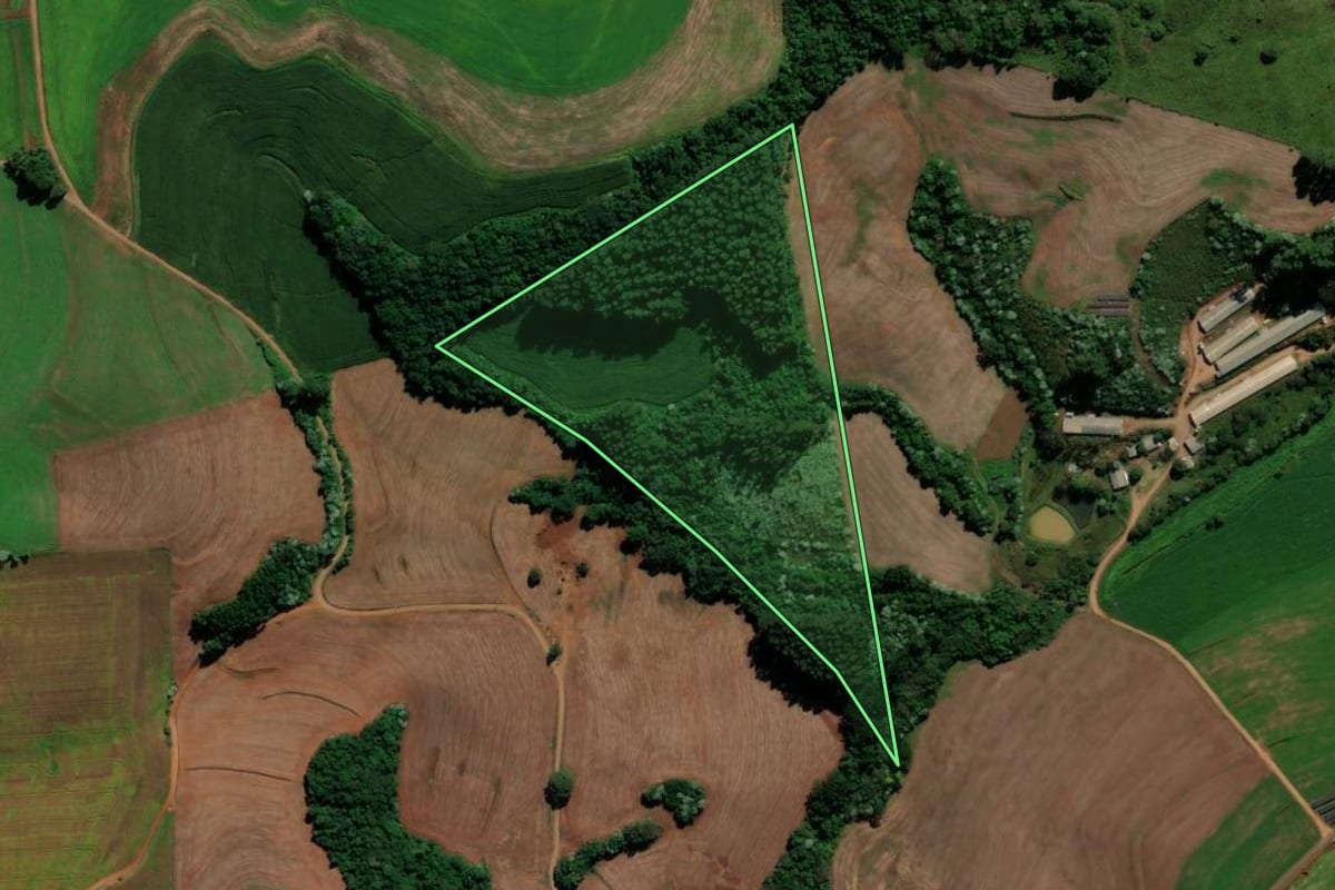 Imagem de satélite do imóvel rural em Renascença (PR), com o contorno declarado no CAR desenhado por cima.