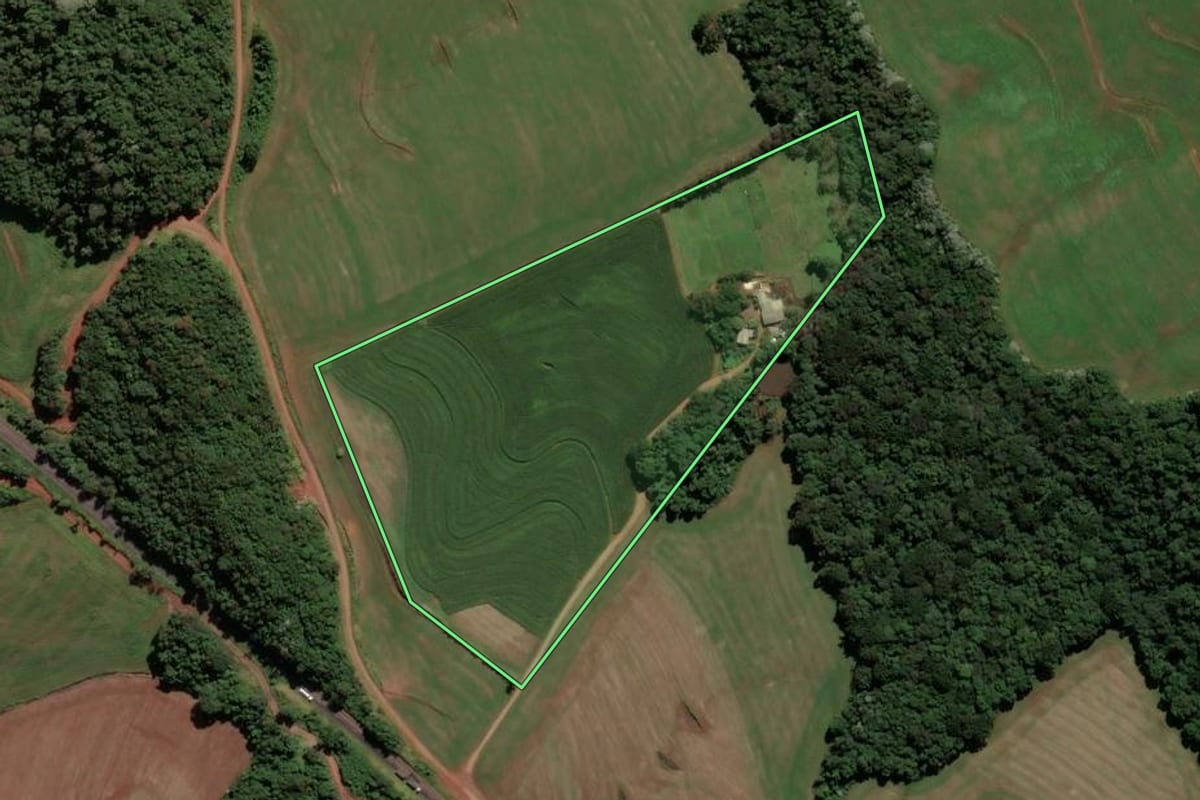 Imagem de satélite do imóvel rural em Renascença (PR), com o contorno declarado no CAR desenhado por cima.