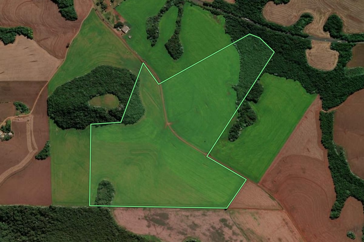 Imagem de satélite do imóvel rural em Renascença (PR), com o contorno declarado no CAR desenhado por cima.