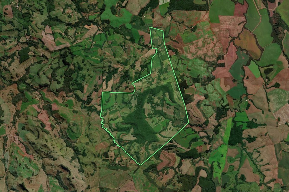 Imagem de satélite do imóvel rural em Renascença (PR), com o contorno declarado no CAR desenhado por cima.