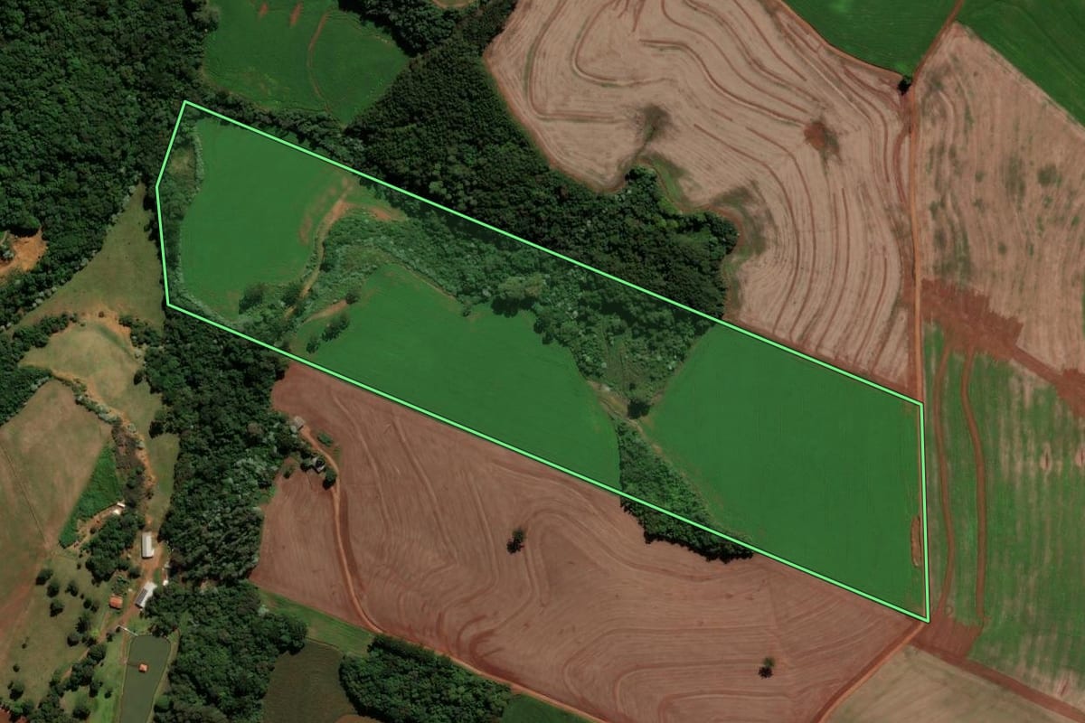 Imagem de satélite do imóvel rural em Renascença (PR), com o contorno declarado no CAR desenhado por cima.