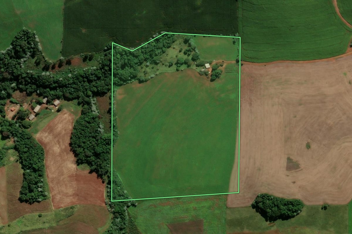 Imagem de satélite do imóvel rural em Renascença (PR), com o contorno declarado no CAR desenhado por cima.