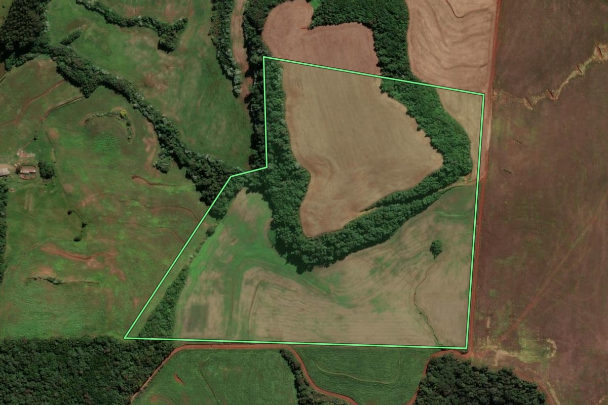 Imagem de satélite do imóvel rural em Renascença (PR), com o contorno declarado no CAR desenhado por cima.