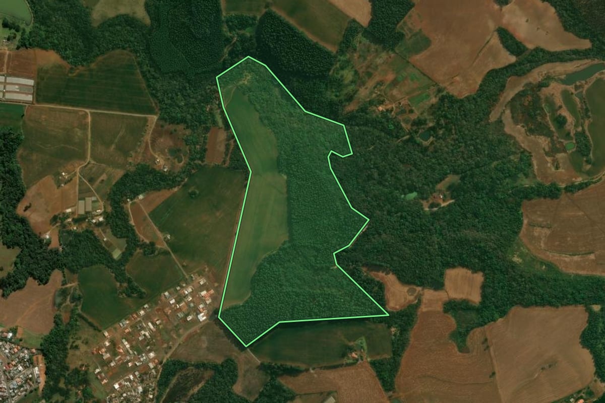 Imagem de satélite do imóvel rural em Reserva (PR), com o contorno declarado no CAR desenhado por cima.