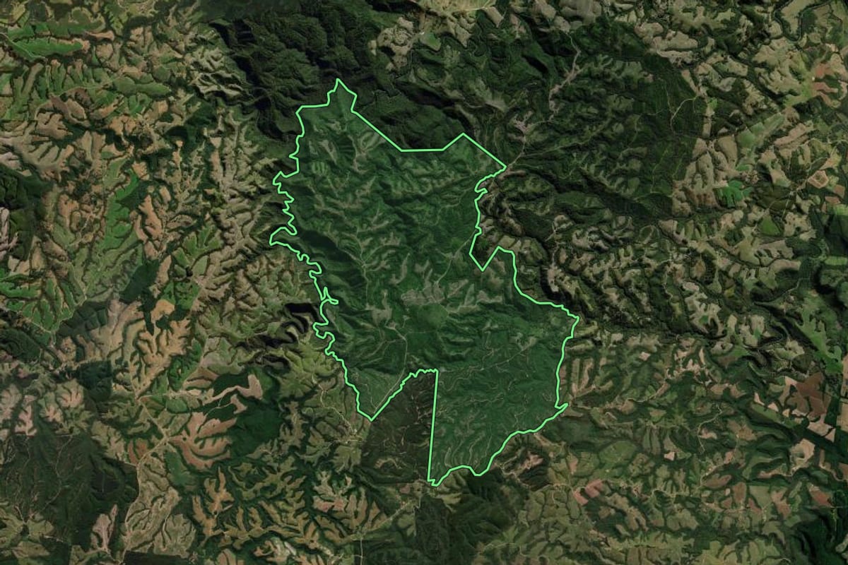 Imagem de satélite do imóvel rural em Reserva (PR), com o contorno declarado no CAR desenhado por cima.