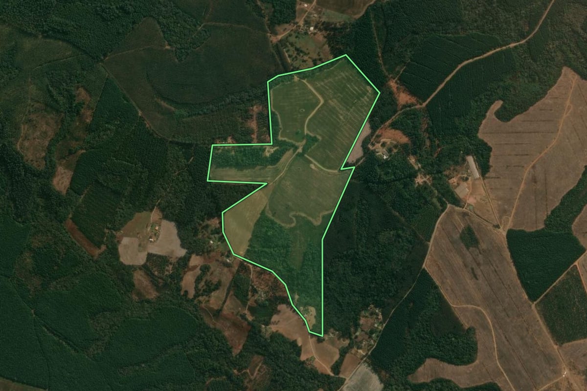 Imagem de satélite do imóvel rural em Reserva (PR), com o contorno declarado no CAR desenhado por cima.