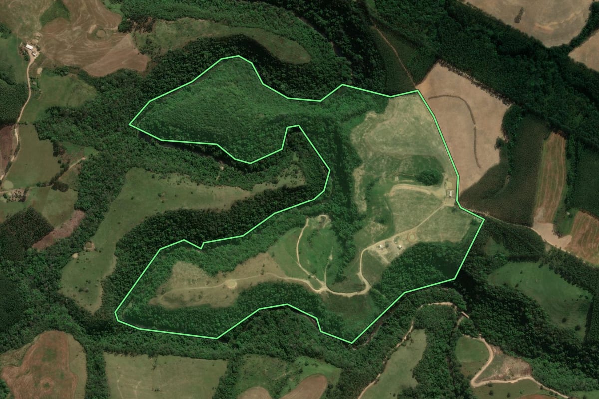 Imagem de satélite do imóvel rural em Reserva (PR), com o contorno declarado no CAR desenhado por cima.
