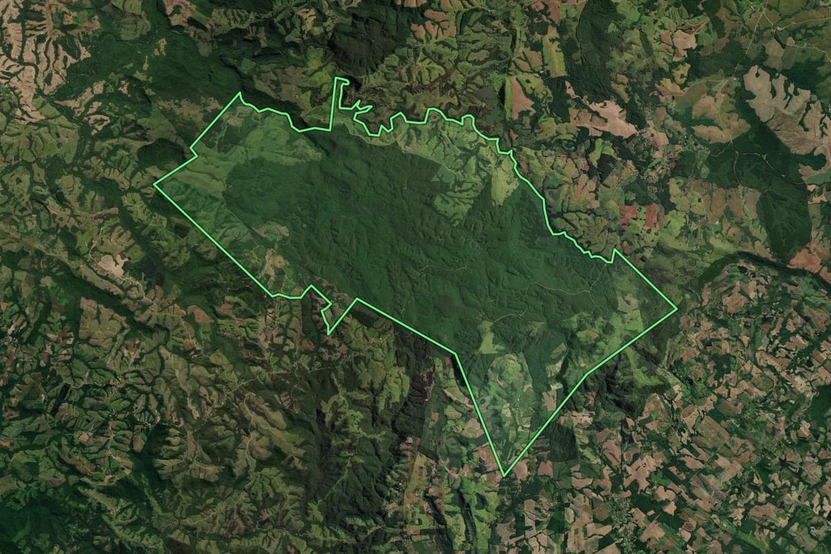 Imagem de satélite do imóvel rural em Reserva (PR), com o contorno declarado no CAR desenhado por cima.