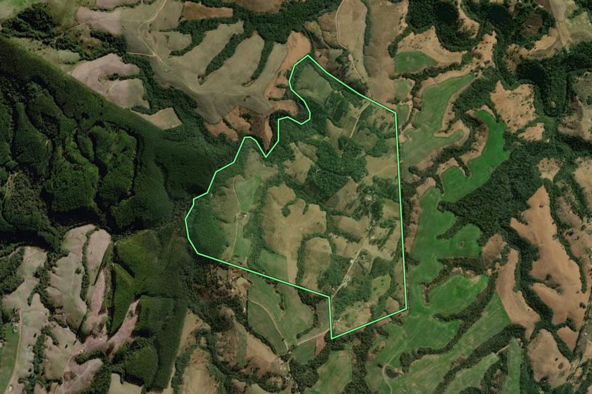 Imagem de satélite do imóvel rural em Reserva (PR), com o contorno declarado no CAR desenhado por cima.