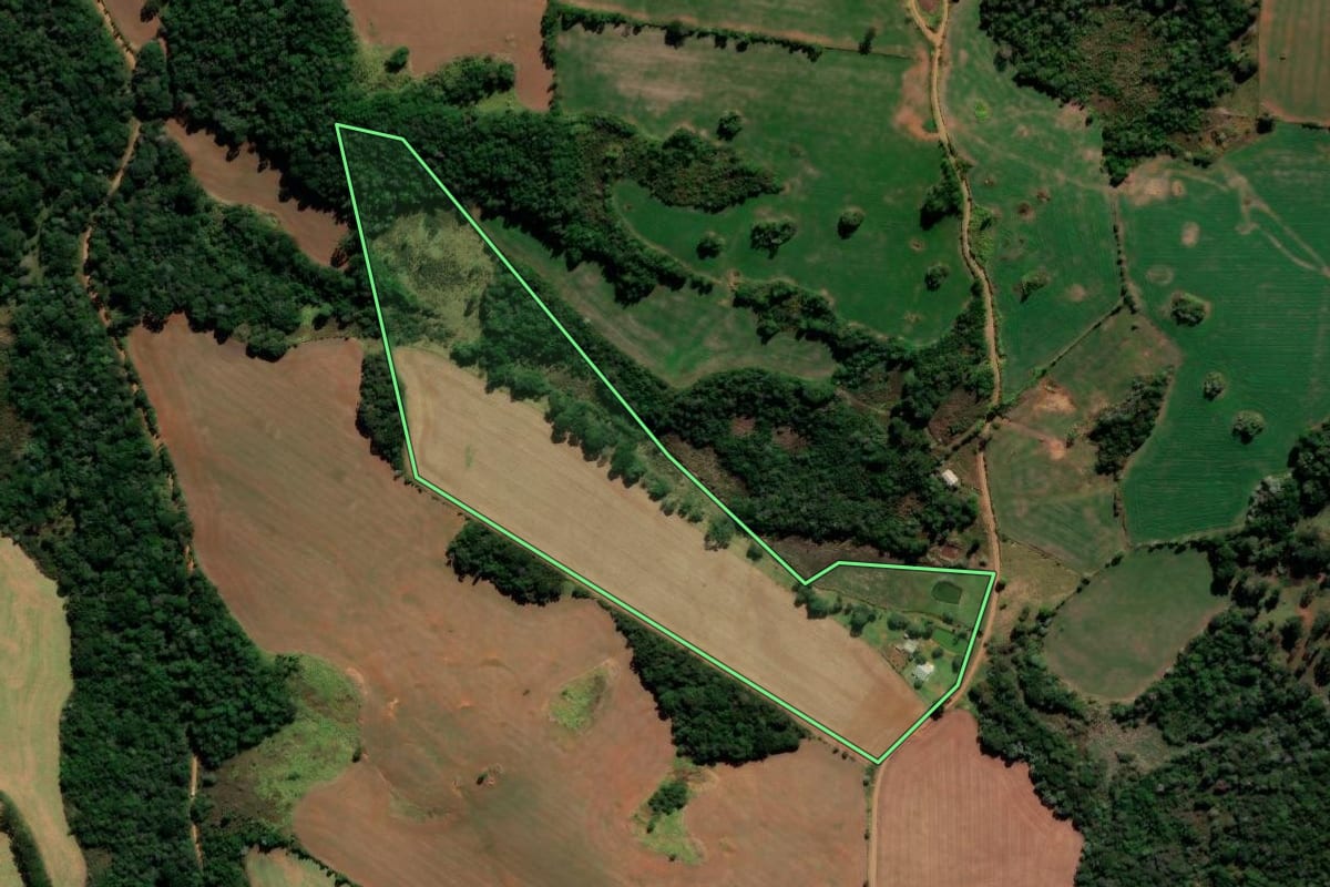 Imagem de satélite do imóvel rural em Reserva do Iguaçu (PR), com o contorno declarado no CAR desenhado por cima.