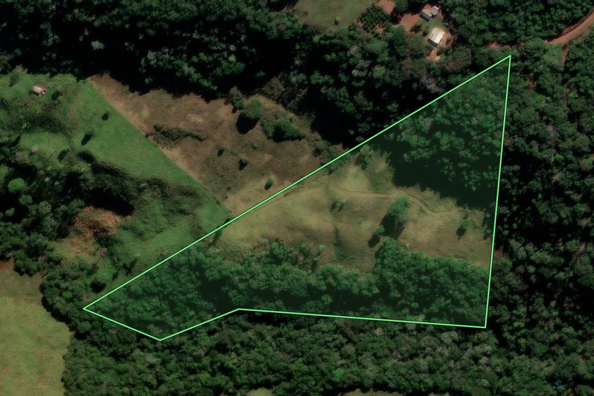 Imagem de satélite do imóvel rural em Reserva do Iguaçu (PR), com o contorno declarado no CAR desenhado por cima.