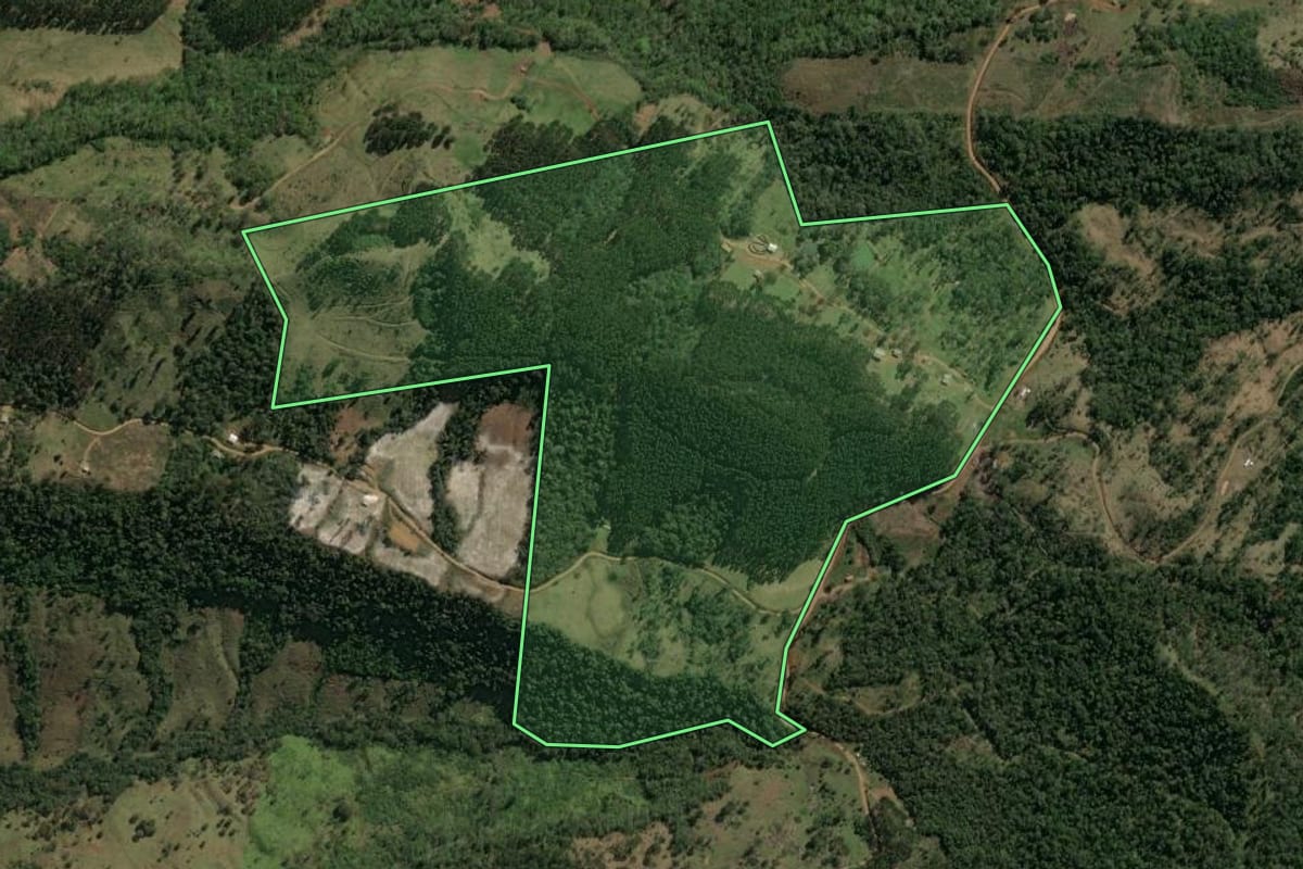 Imagem de satélite do imóvel rural em Reserva do Iguaçu (PR), com o contorno declarado no CAR desenhado por cima.