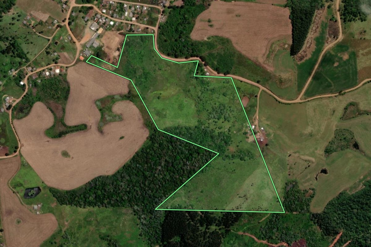 Imagem de satélite do imóvel rural em Reserva do Iguaçu (PR), com o contorno declarado no CAR desenhado por cima.