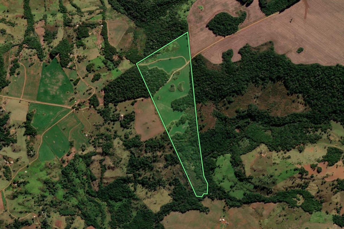 Imagem de satélite do imóvel rural em Reserva do Iguaçu (PR), com o contorno declarado no CAR desenhado por cima.