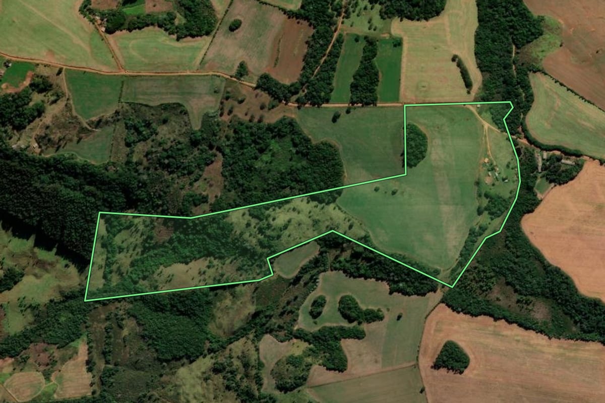 Imagem de satélite do imóvel rural em Reserva do Iguaçu (PR), com o contorno declarado no CAR desenhado por cima.