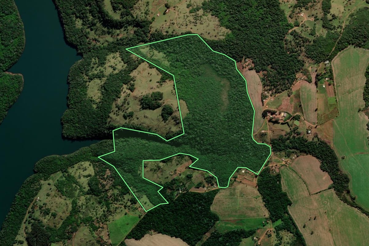 Imagem de satélite do imóvel rural em Reserva do Iguaçu (PR), com o contorno declarado no CAR desenhado por cima.