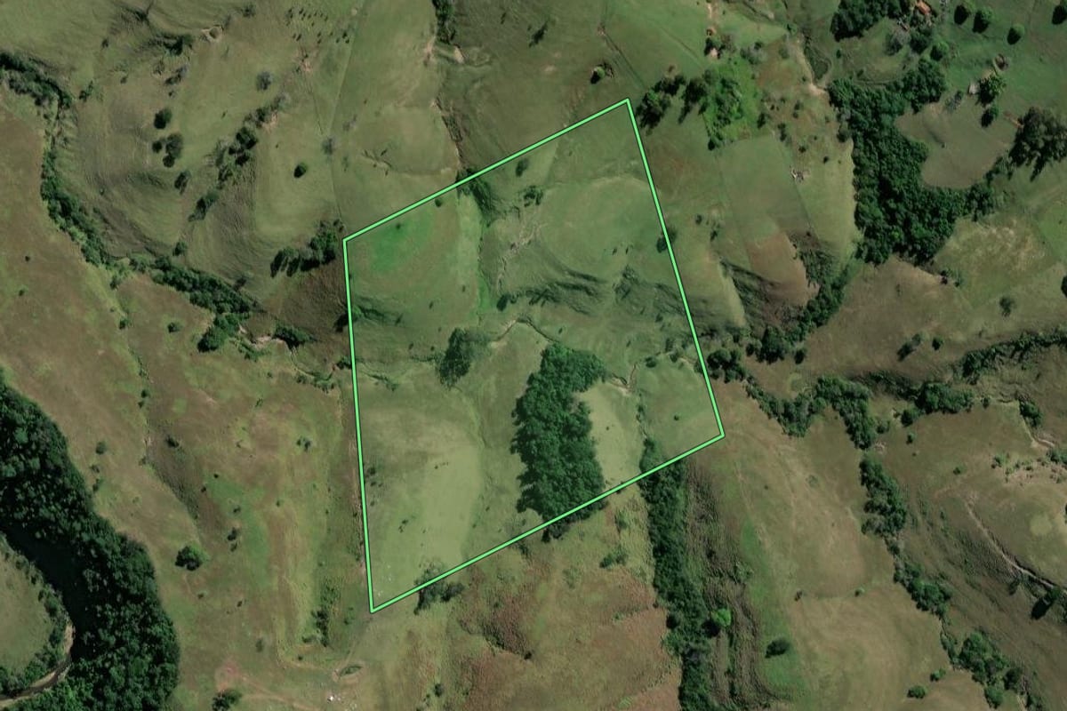 Imagem de satélite do imóvel rural em Ribeirão Claro (PR), com o contorno declarado no CAR desenhado por cima.