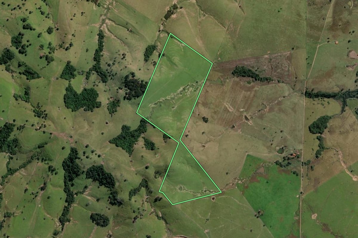 Imagem de satélite do imóvel rural em Ribeirão Claro (PR), com o contorno declarado no CAR desenhado por cima.