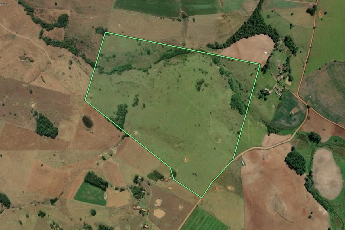 Imagem de satélite do imóvel rural em Ribeirão Claro (PR), com o contorno declarado no CAR desenhado por cima.