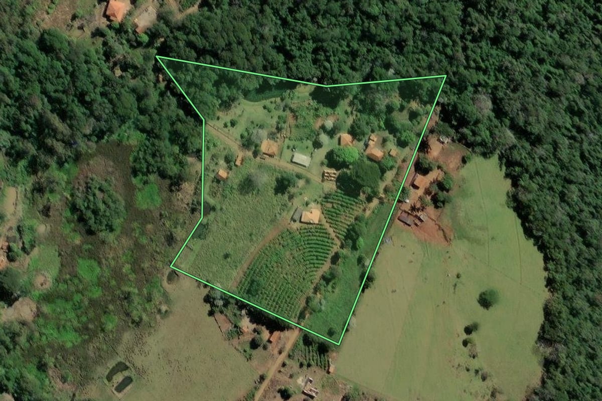 Imagem de satélite do imóvel rural em Ribeirão Claro (PR), com o contorno declarado no CAR desenhado por cima.