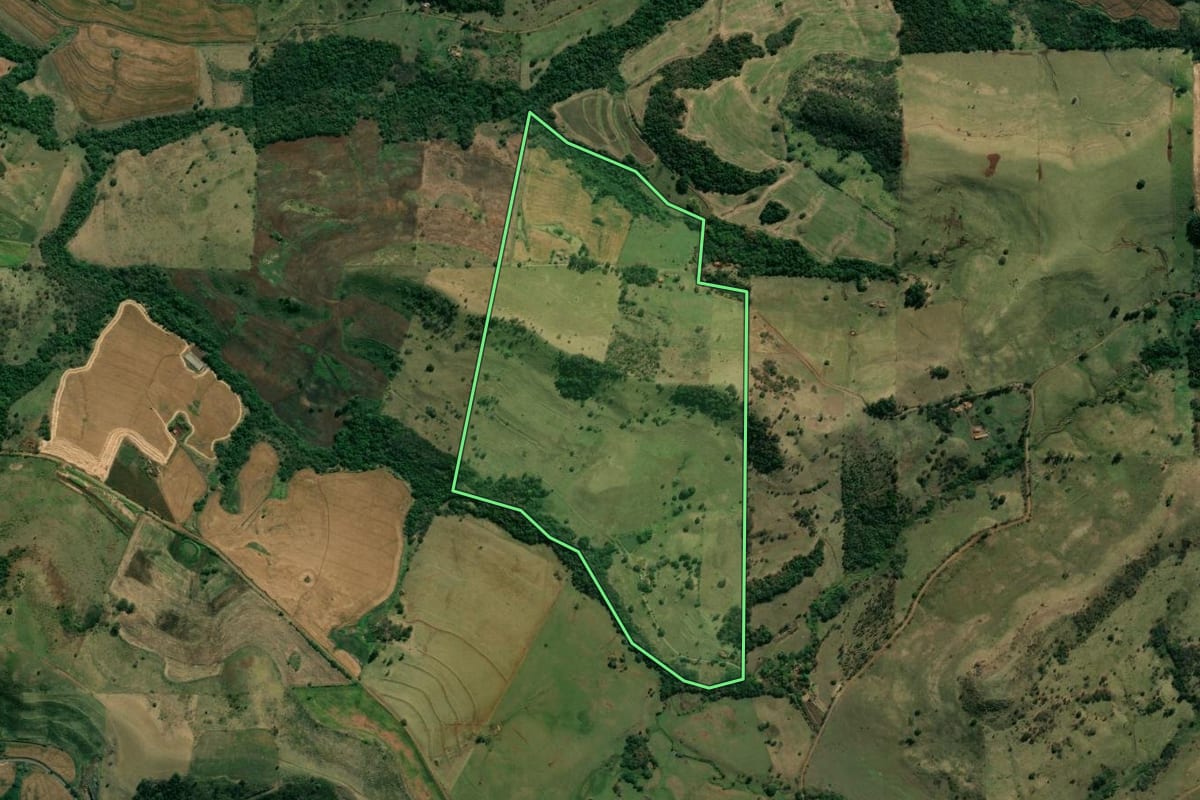 Imagem de satélite do imóvel rural em Ribeirão do Pinhal (PR), com o contorno declarado no CAR desenhado por cima.
