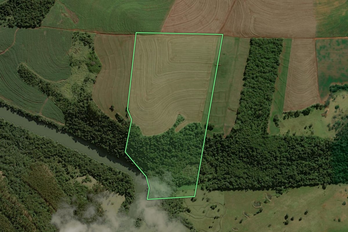 Imagem de satélite do imóvel rural em Ribeirão do Pinhal (PR), com o contorno declarado no CAR desenhado por cima.