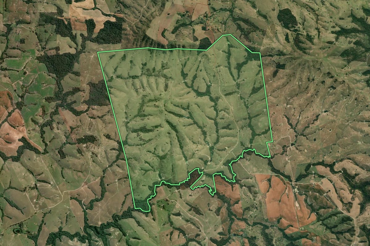 Imagem de satélite do imóvel rural em Ribeirão do Pinhal (PR), com o contorno declarado no CAR desenhado por cima.