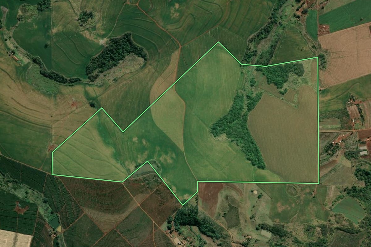 Imagem de satélite do imóvel rural em Ribeirão do Pinhal (PR), com o contorno declarado no CAR desenhado por cima.