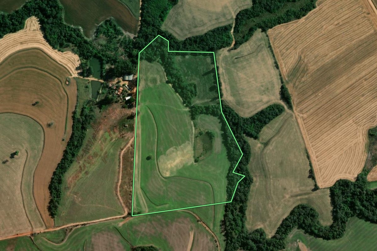 Imagem de satélite do imóvel rural em Ribeirão do Pinhal (PR), com o contorno declarado no CAR desenhado por cima.