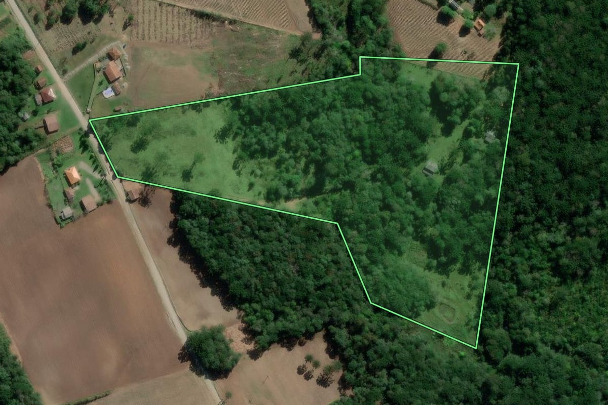 Imagem de satélite do imóvel rural em Rio Azul (PR), com o contorno declarado no CAR desenhado por cima.