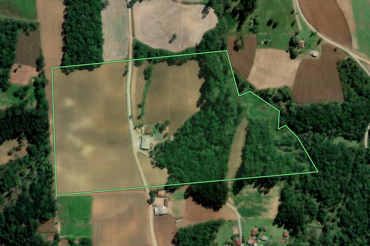 Imagem de satélite do imóvel rural em Rio Azul (PR), com o contorno declarado no CAR desenhado por cima.