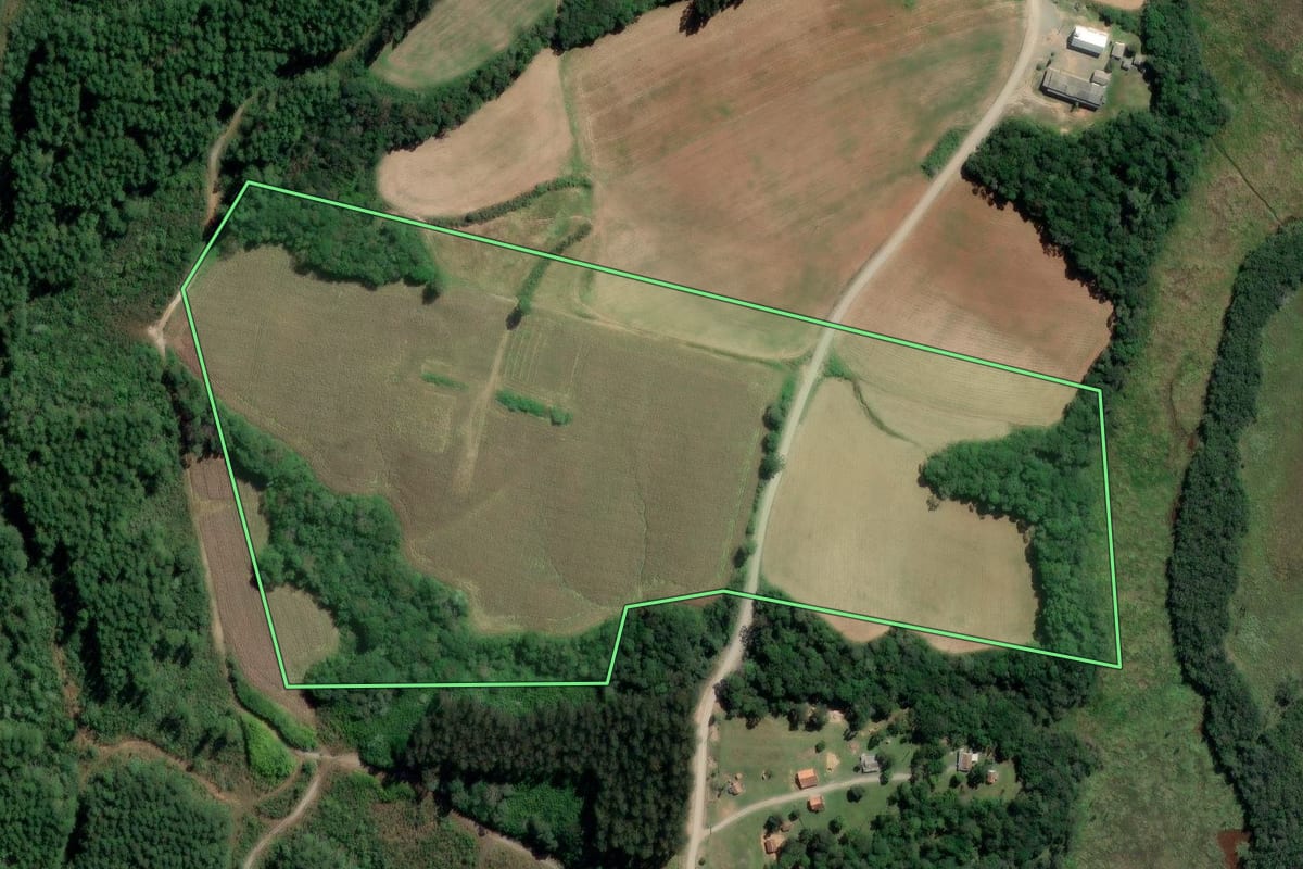 Imagem de satélite do imóvel rural em Rio Azul (PR), com o contorno declarado no CAR desenhado por cima.