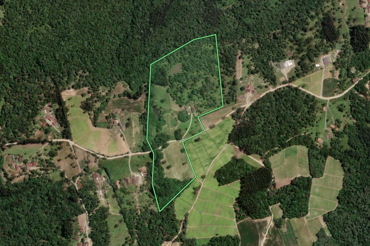 Imagem de satélite do imóvel rural em Rio Azul (PR), com o contorno declarado no CAR desenhado por cima.