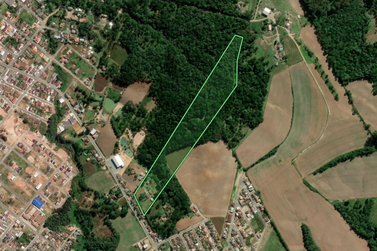 Imagem de satélite do imóvel rural em Rio Azul (PR), com o contorno declarado no CAR desenhado por cima.