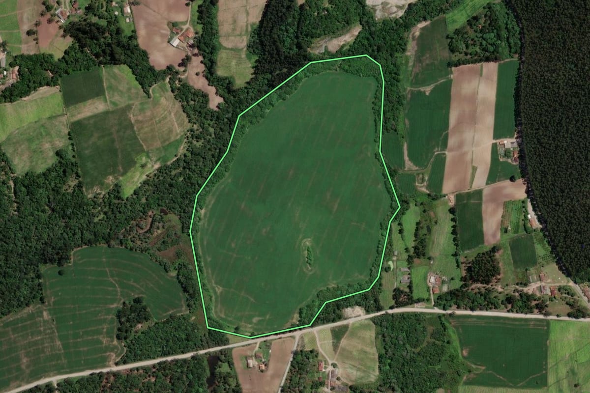 Imagem de satélite do imóvel rural em Rio Azul (PR), com o contorno declarado no CAR desenhado por cima.