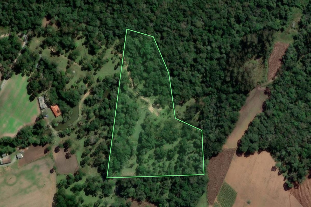 Imagem de satélite do imóvel rural em Rio Azul (PR), com o contorno declarado no CAR desenhado por cima.