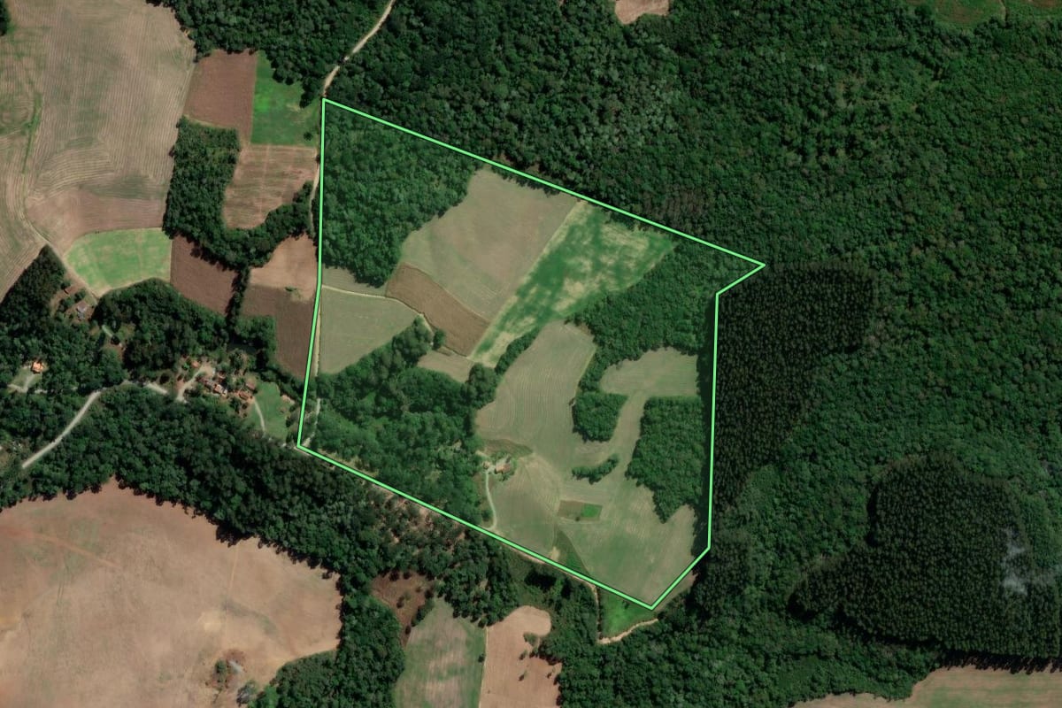 Imagem de satélite do imóvel rural em Rio Azul (PR), com o contorno declarado no CAR desenhado por cima.