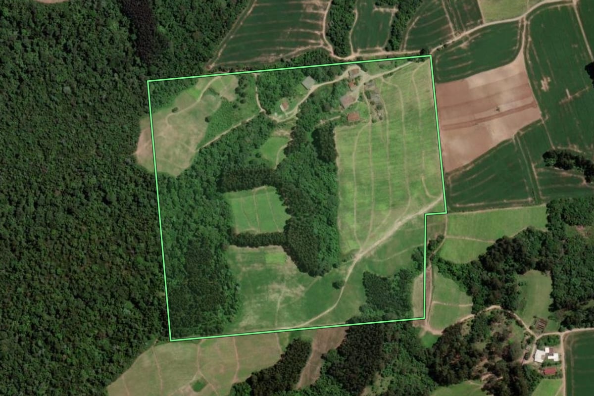 Imagem de satélite do imóvel rural em Rio Azul (PR), com o contorno declarado no CAR desenhado por cima.