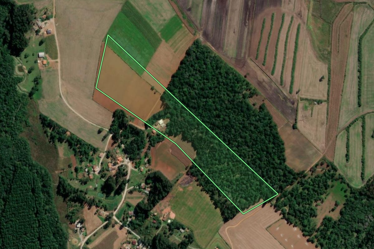 Imagem de satélite do imóvel rural em Rio Azul (PR), com o contorno declarado no CAR desenhado por cima.