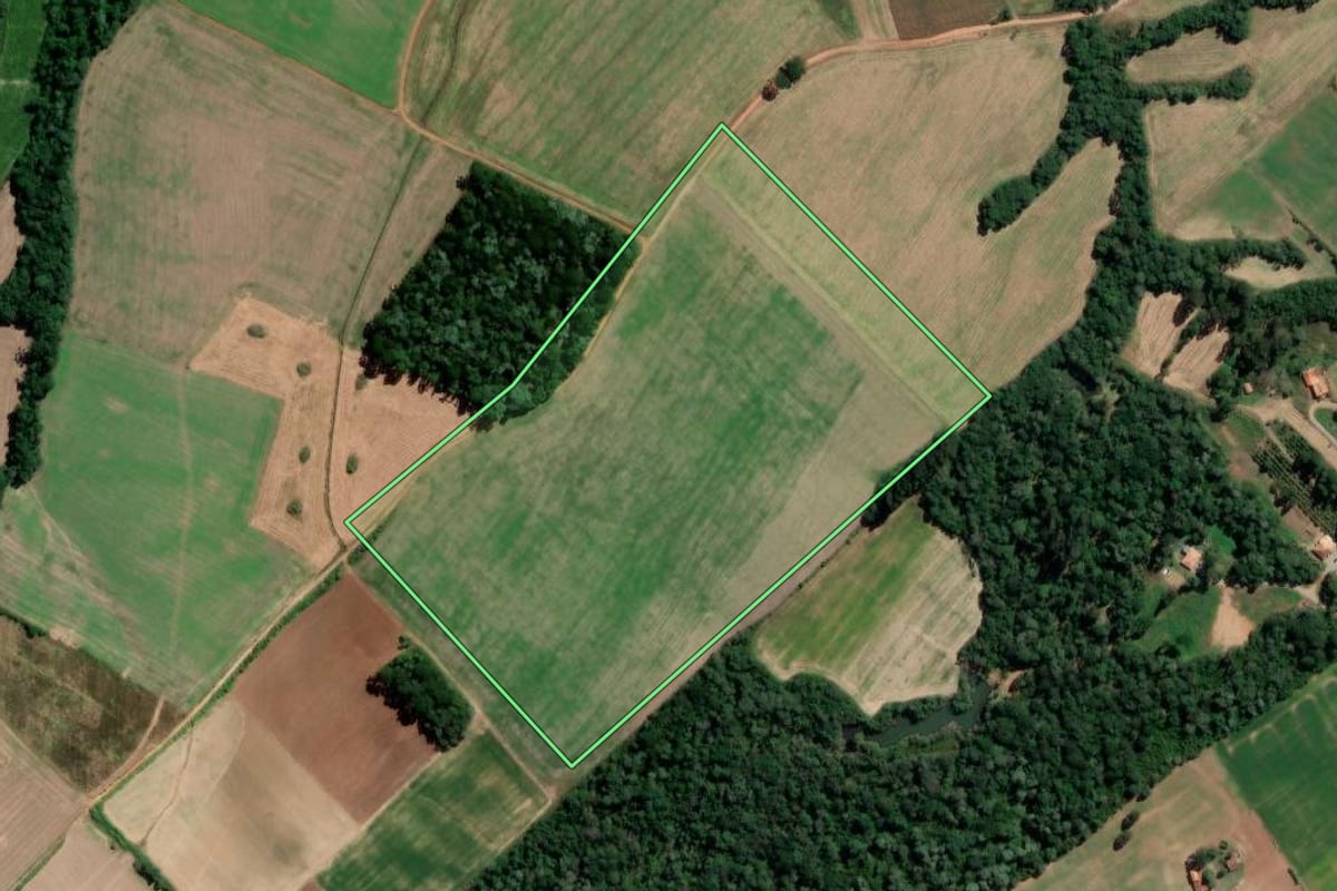 Imagem de satélite do imóvel rural em Rio Azul (PR), com o contorno declarado no CAR desenhado por cima.