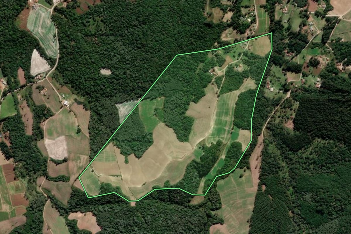 Imagem de satélite do imóvel rural em Rio Azul (PR), com o contorno declarado no CAR desenhado por cima.