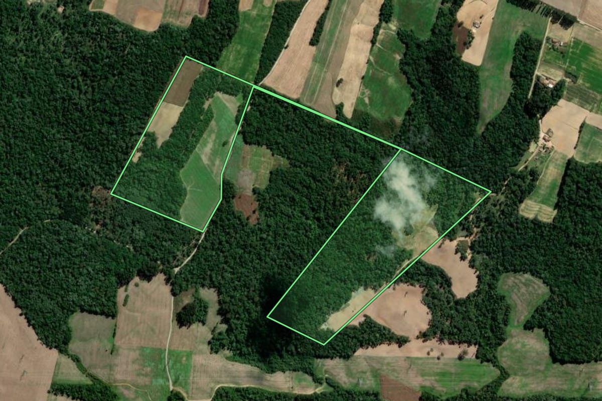 Imagem de satélite do imóvel rural em Rio Azul (PR), com o contorno declarado no CAR desenhado por cima.