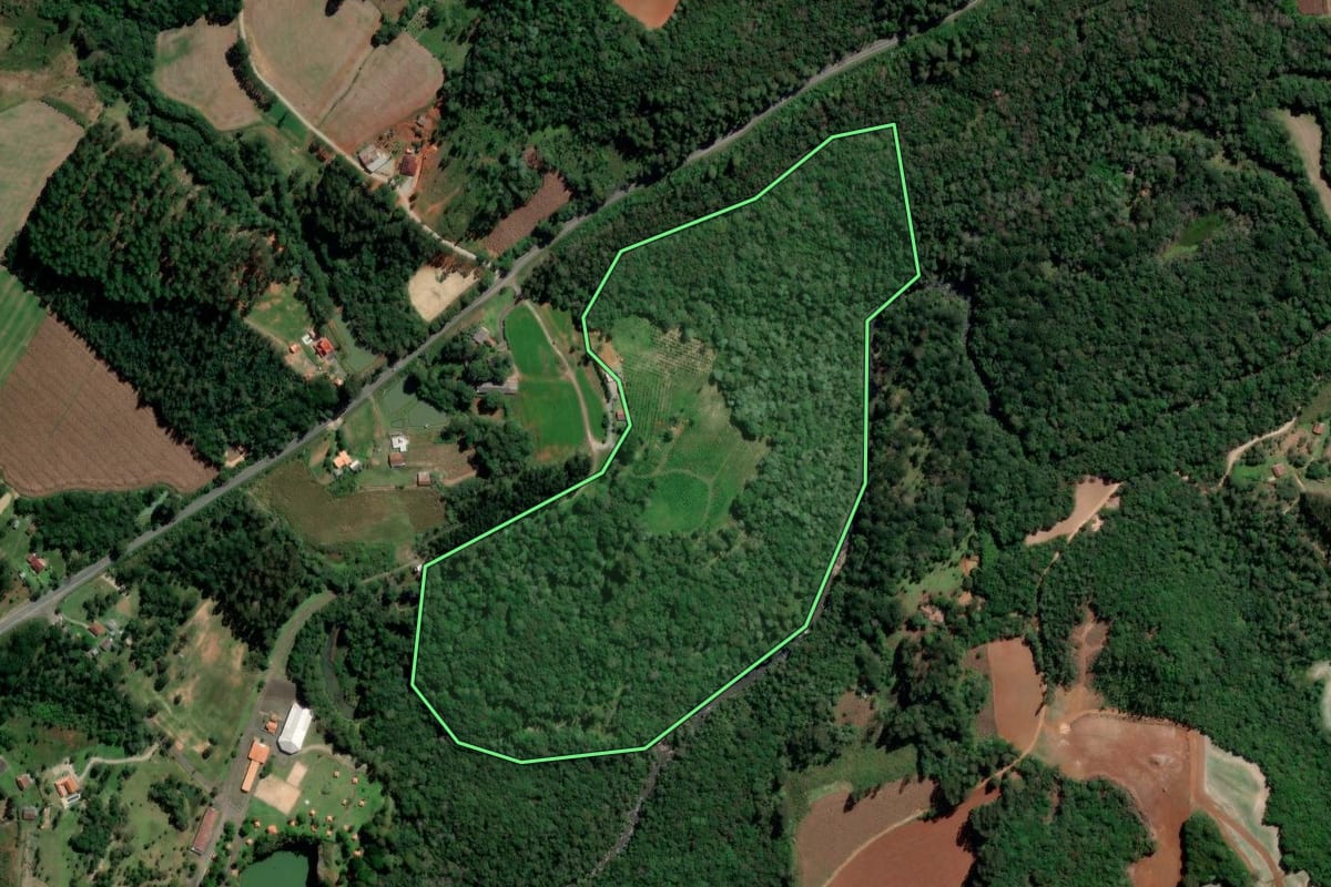 Imagem de satélite do imóvel rural em Rio Azul (PR), com o contorno declarado no CAR desenhado por cima.