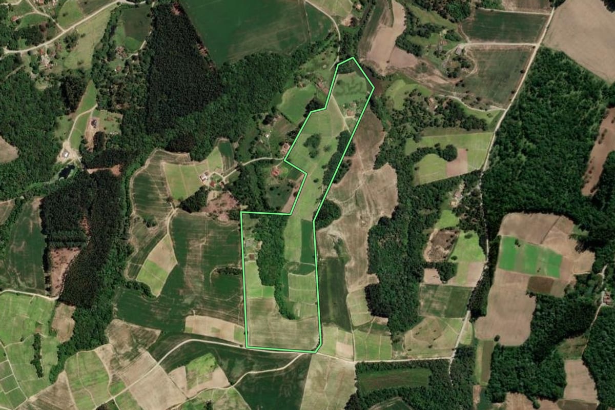 Imagem de satélite do imóvel rural em Rio Azul (PR), com o contorno declarado no CAR desenhado por cima.