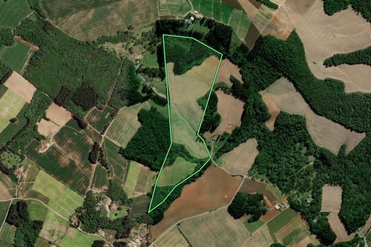 Imagem de satélite do imóvel rural em Rio Azul (PR), com o contorno declarado no CAR desenhado por cima.
