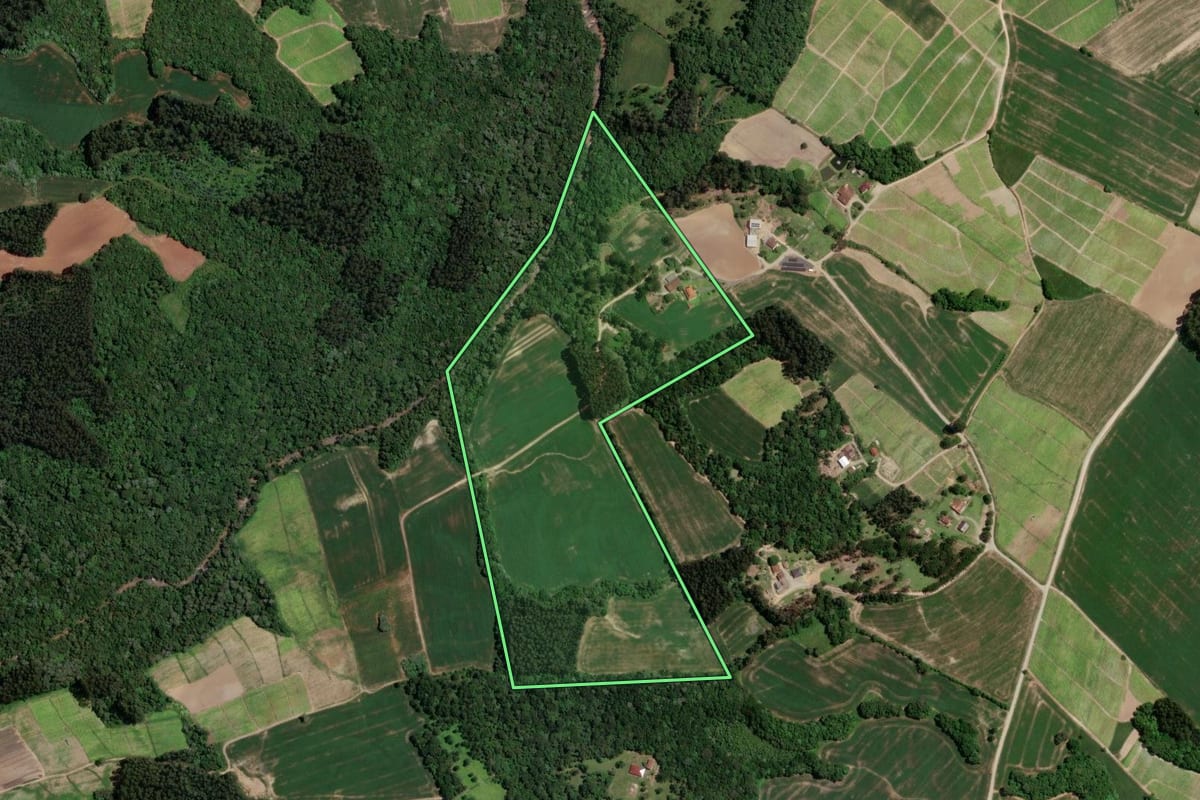 Imagem de satélite do imóvel rural em Rio Azul (PR), com o contorno declarado no CAR desenhado por cima.