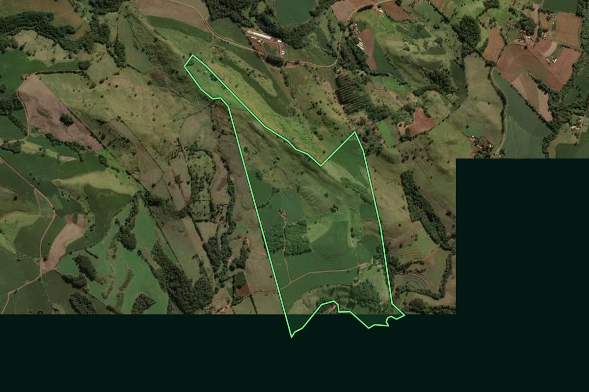 Imagem de satélite do imóvel rural em Rio Bom (PR), com o contorno declarado no CAR desenhado por cima.