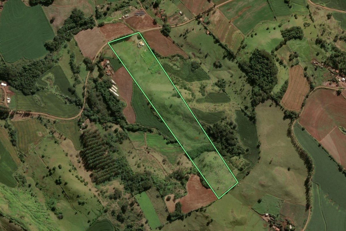 Imagem de satélite do imóvel rural em Rio Bom (PR), com o contorno declarado no CAR desenhado por cima.