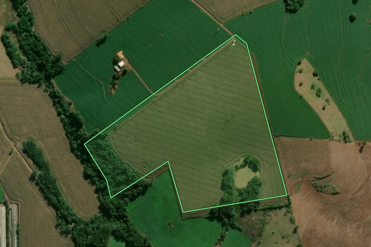 Imagem de satélite do imóvel rural em Rio Bom (PR), com o contorno declarado no CAR desenhado por cima.